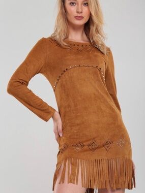 Neslay Boho Faux Suede Fringe Studded Western Dress - New with tags